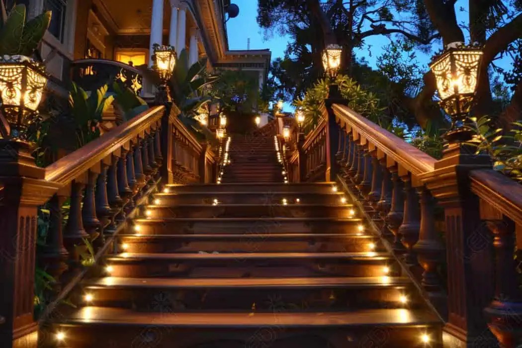 Grand wooden staircase with ambient lantern lighting at twilight.