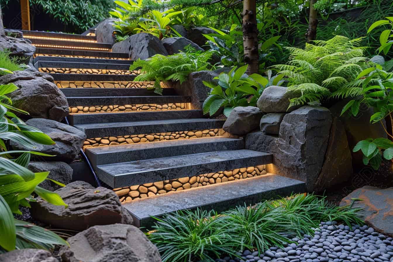 Illuminated garden stone steps surrounded by lush greenery.