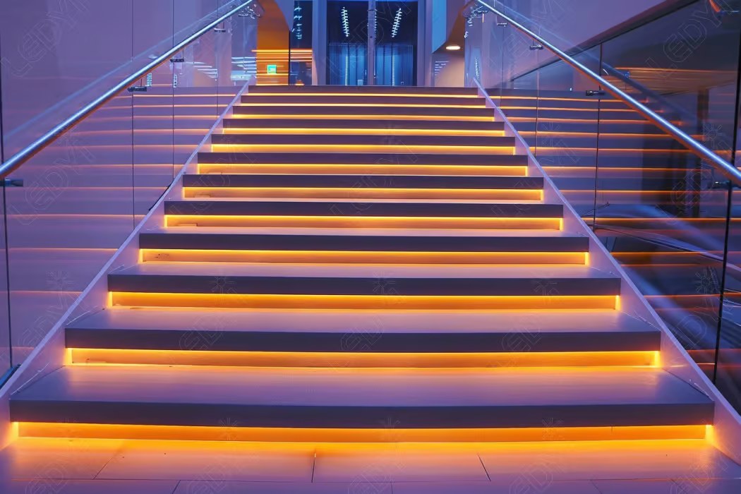 Modern staircase with orange LED lights.