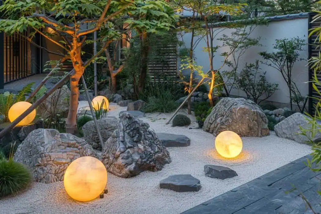 Zen garden with illuminated spherical lights at dusk.