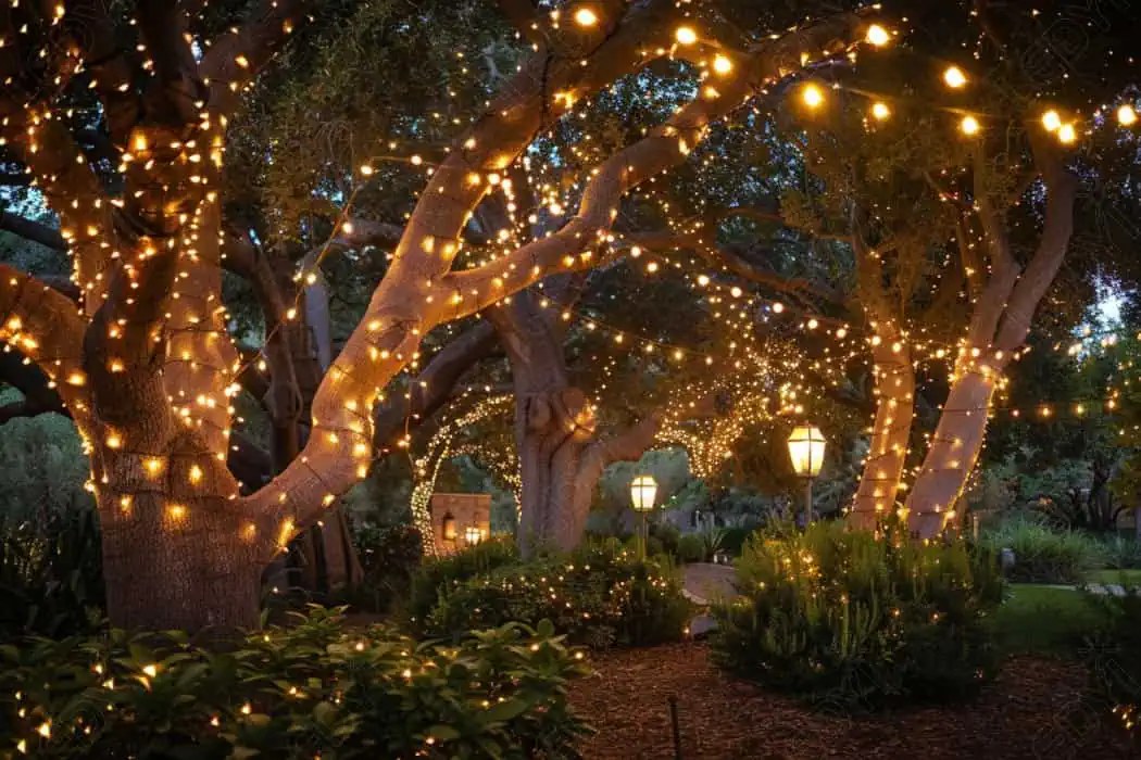 Garden with trees decorated in string lights at night.