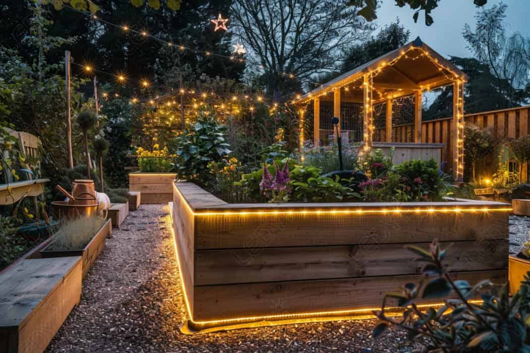 Cozy backyard garden with string lights at dusk.