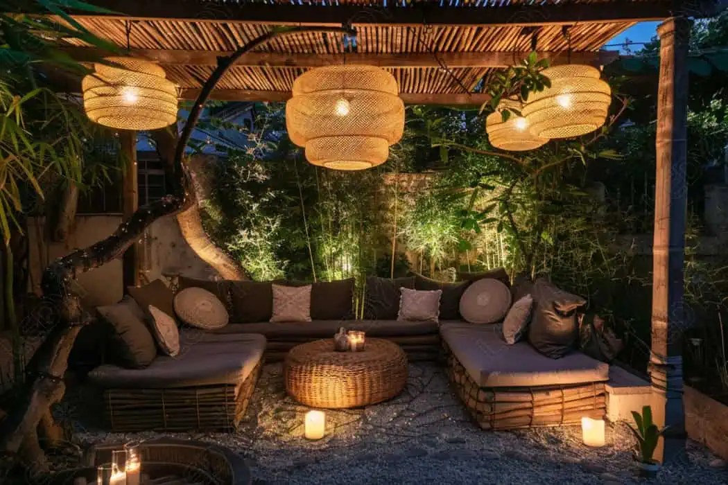 Cozy outdoor patio with wicker furniture and hanging lights.
