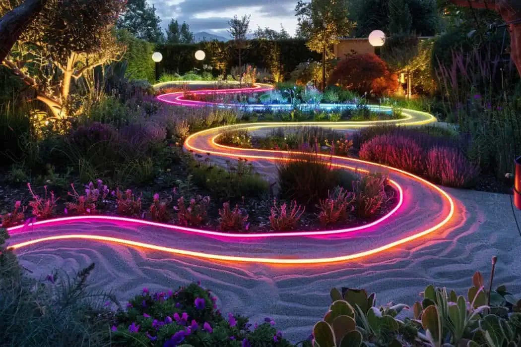 Colorful LED path lights in scenic garden at night.