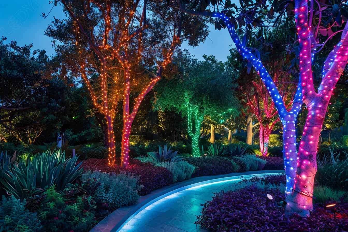 Colorful lights wrapped around trees in a garden.