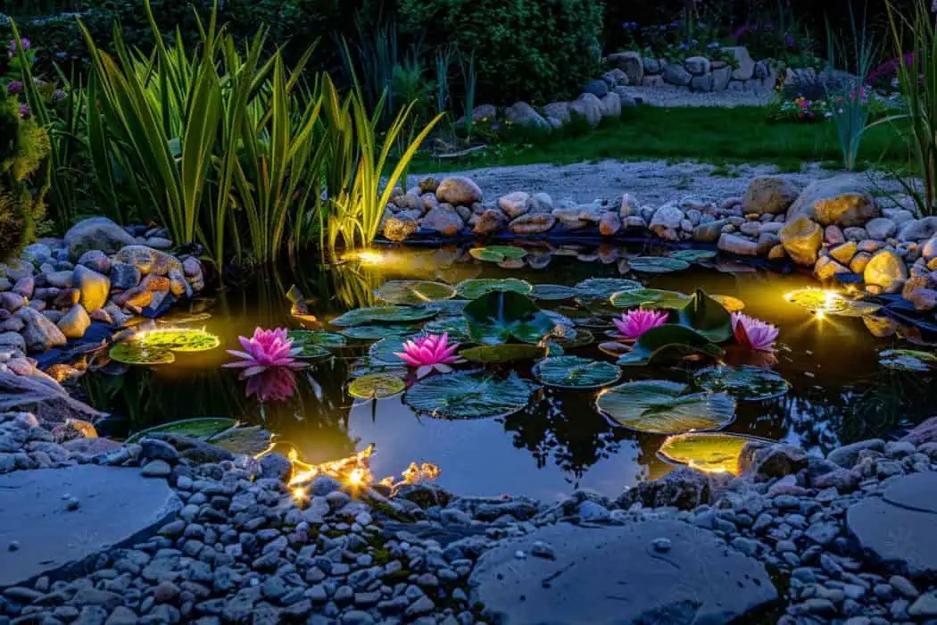 Illuminated garden pond with water lilies at night.