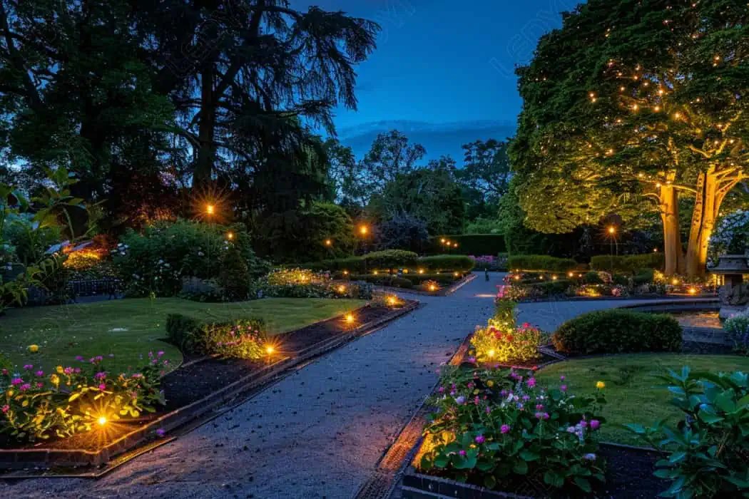Beautiful garden at night with pathway lights.