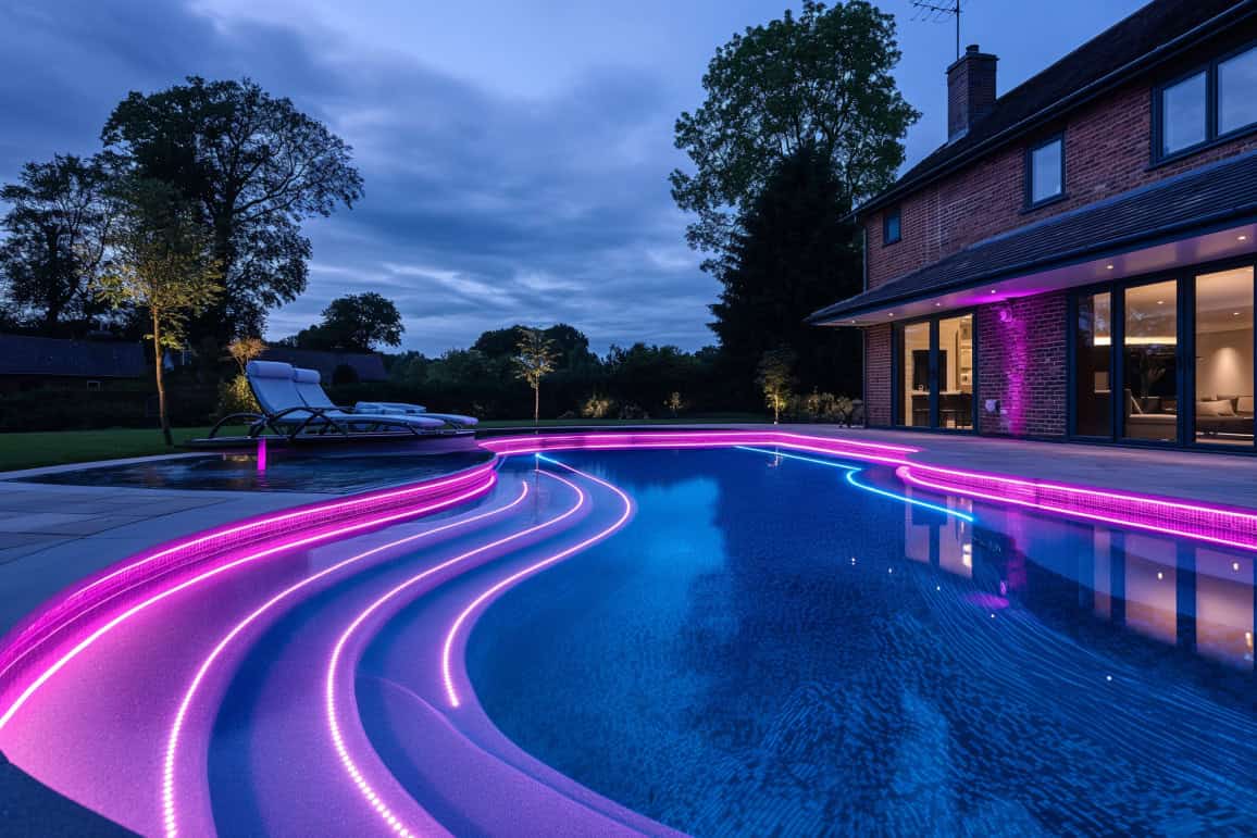 Luxury backyard pool with colorful LED lights at night.
