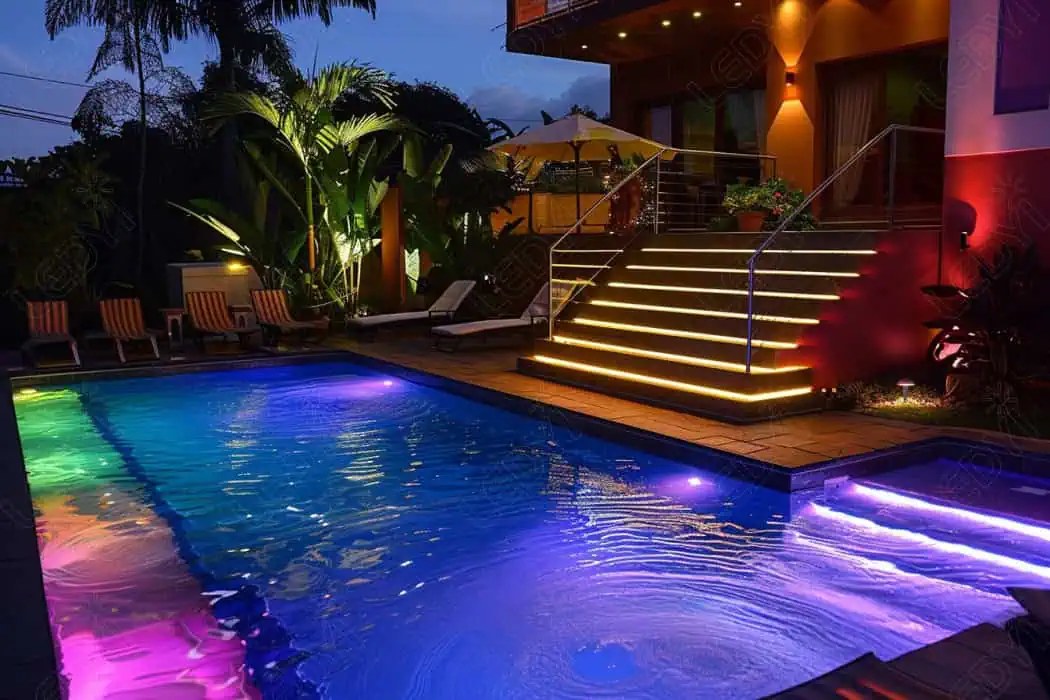 Colorful LED-lit pool area at night.
