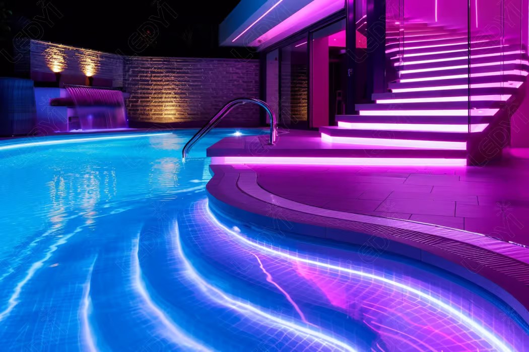 Luxury pool with neon lights at night.