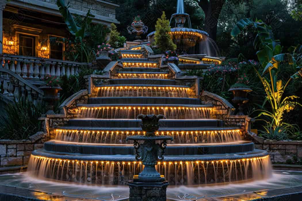 Illuminated garden fountain with cascading water at night.
