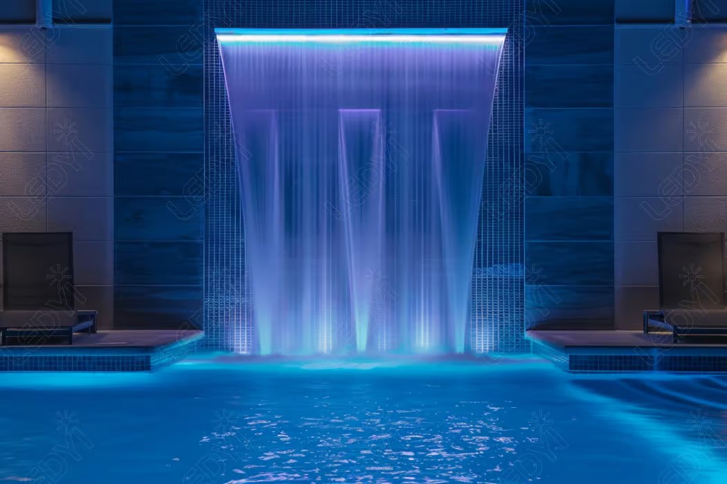 Illuminated indoor pool with cascading waterfall at night.