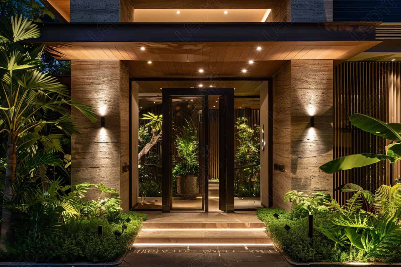 Modern house entrance with lush garden and lighting.