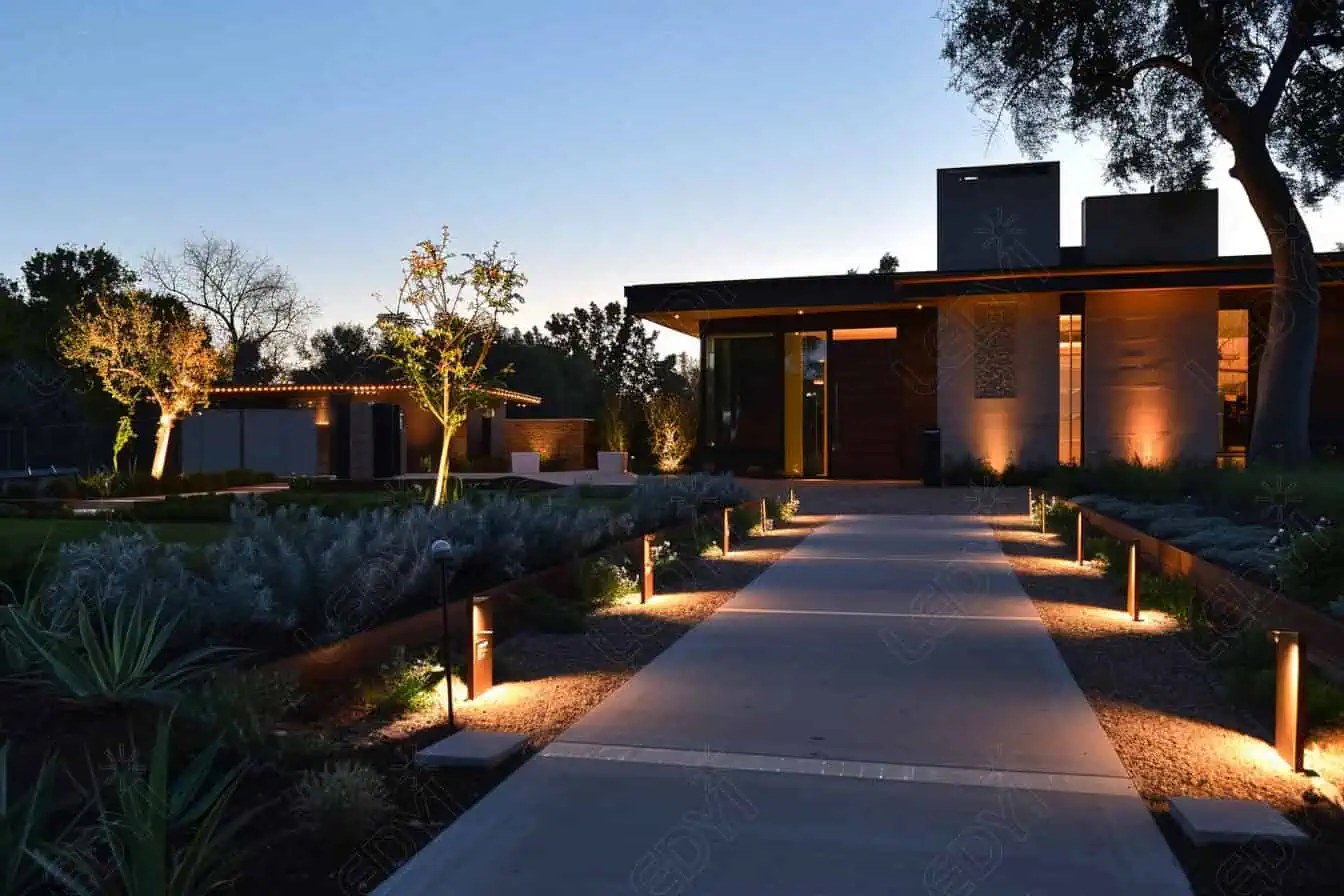 Modern house with outdoor garden lighting at dusk.