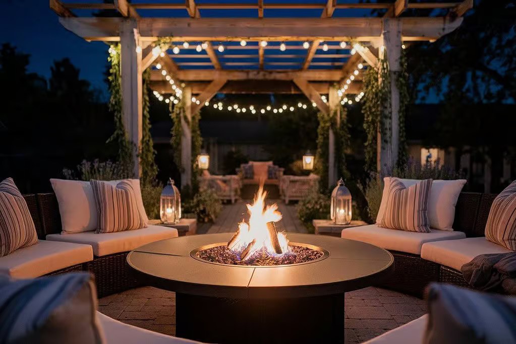 Fire Pit Table or Fireplace Pergola Lighting