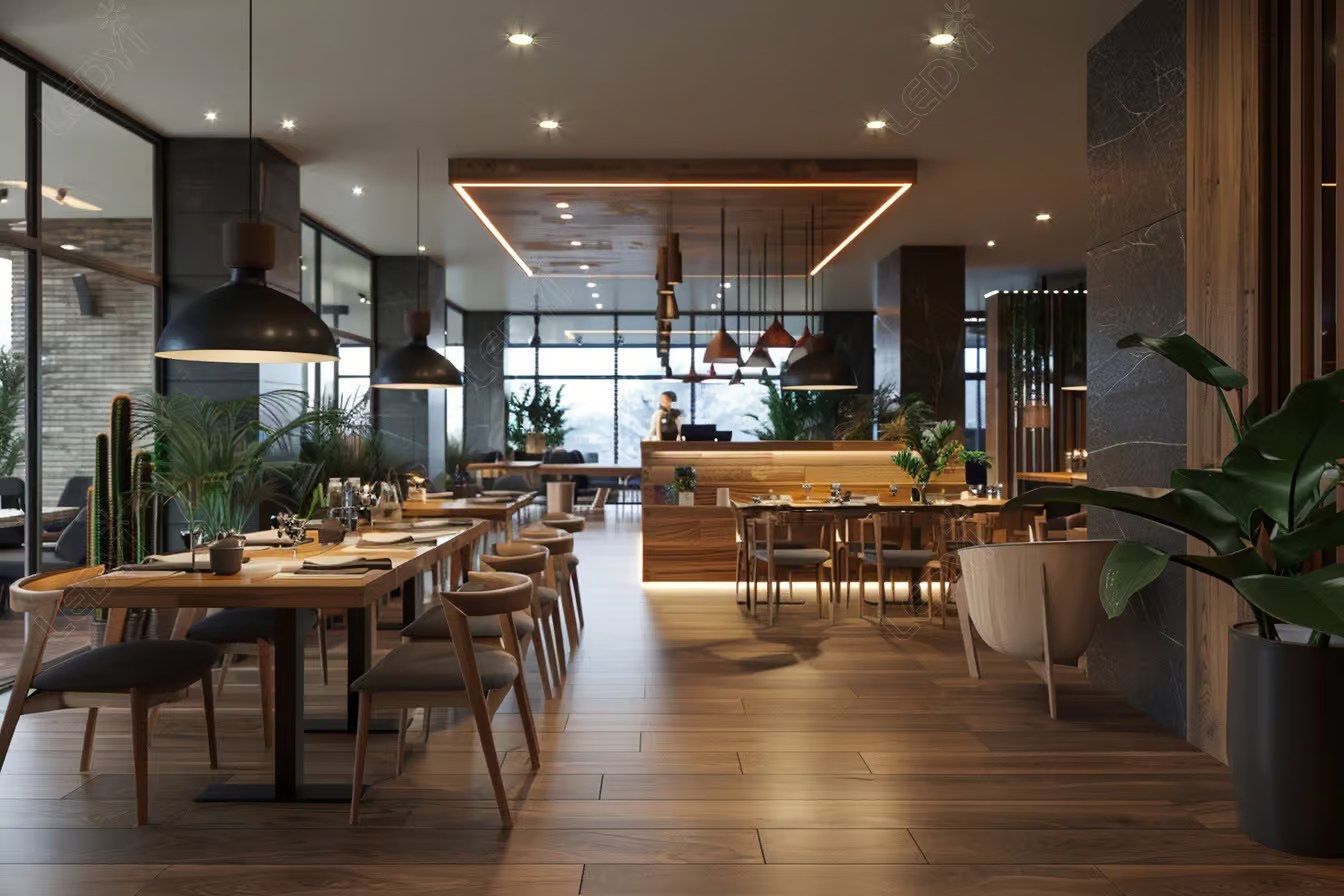 Modern restaurant interior with wooden tables and pendant lights.
