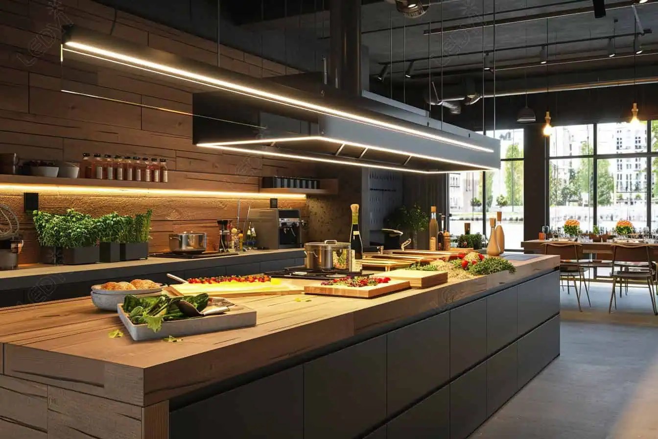 Modern kitchen with wooden counters and food prep.