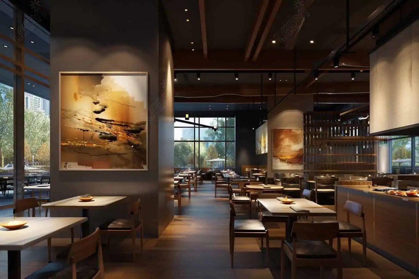 Modern restaurant interior with large windows and abstract art.