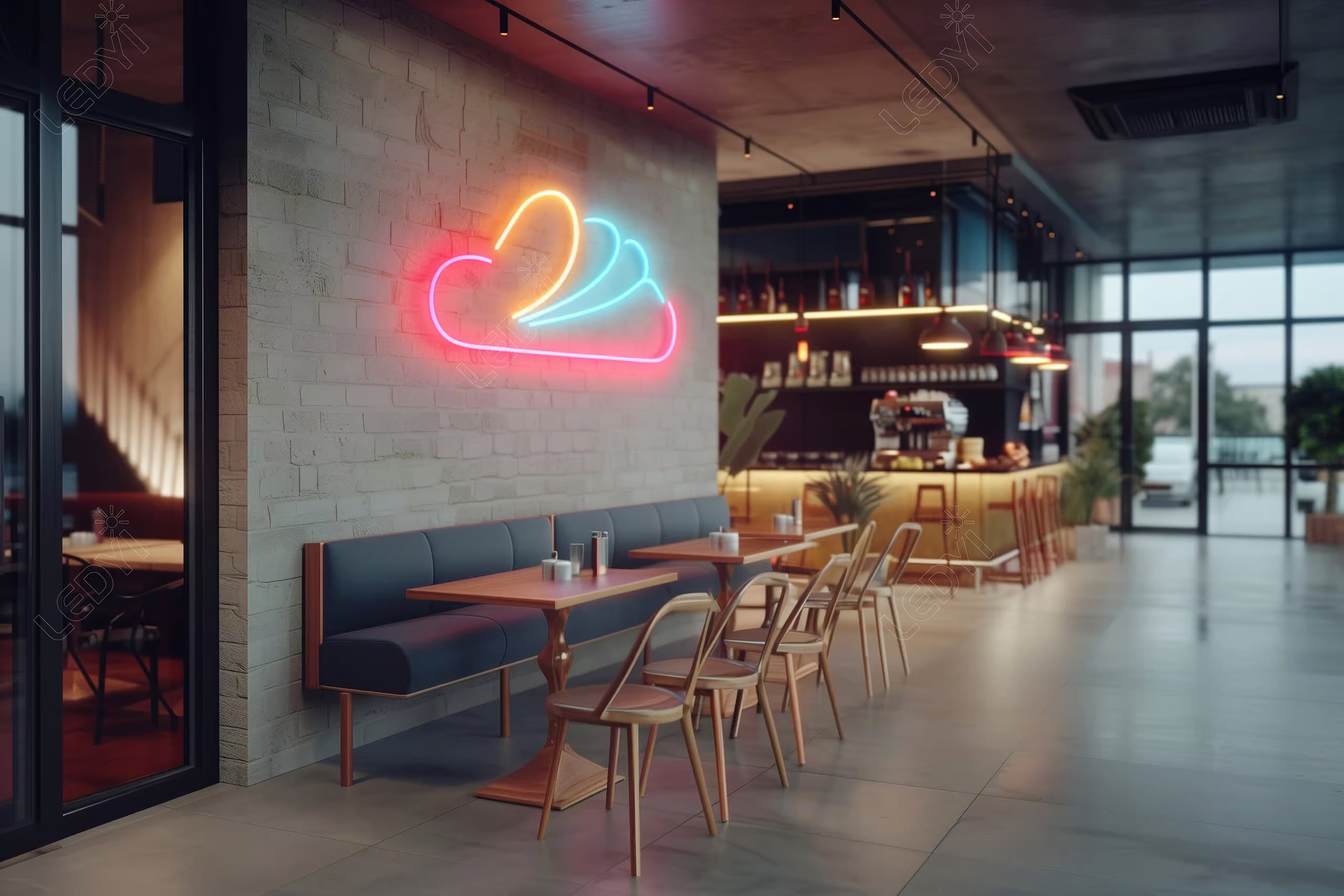 Modern café with neon cloud sign and cozy seating.