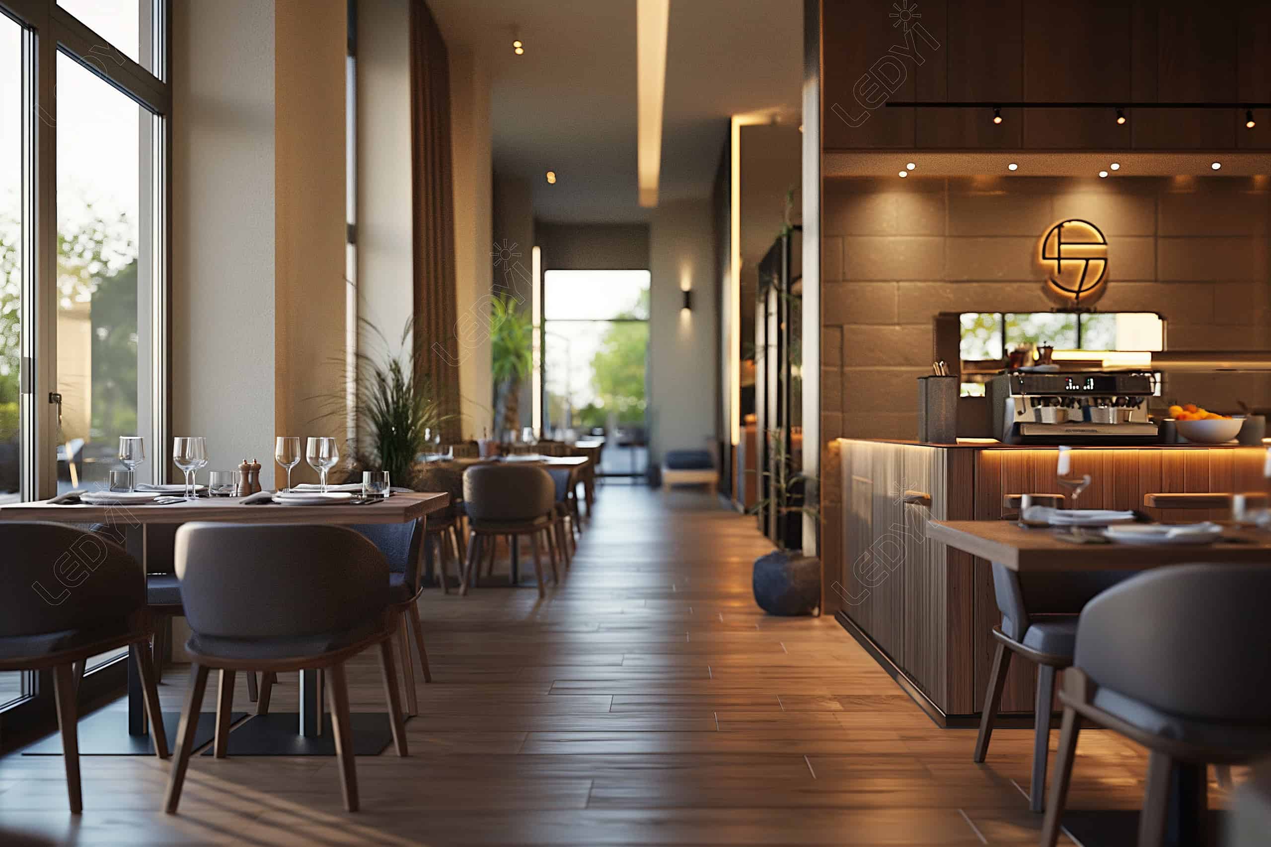 Modern restaurant dining area with large windows.