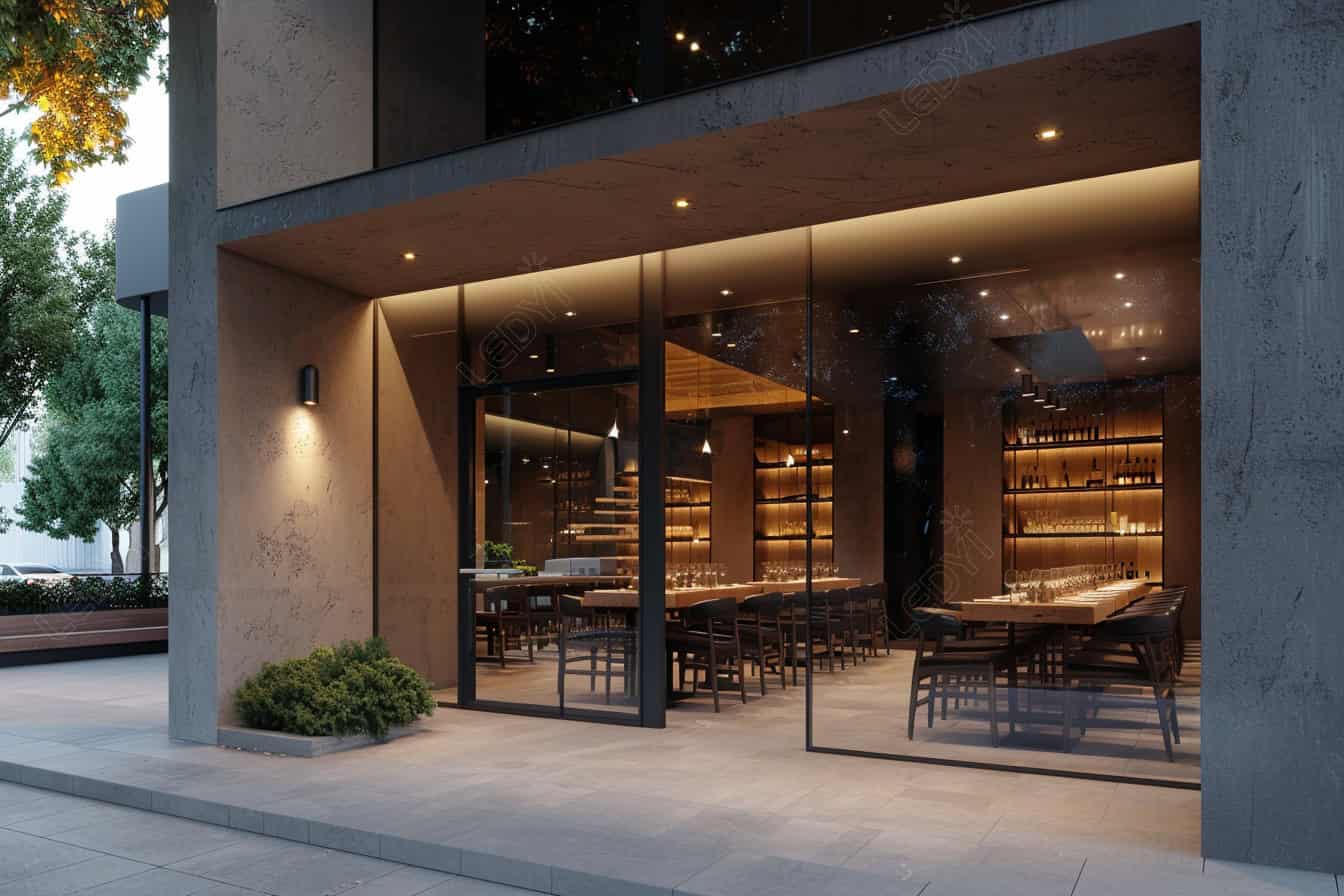 Modern restaurant exterior with large windows at night.