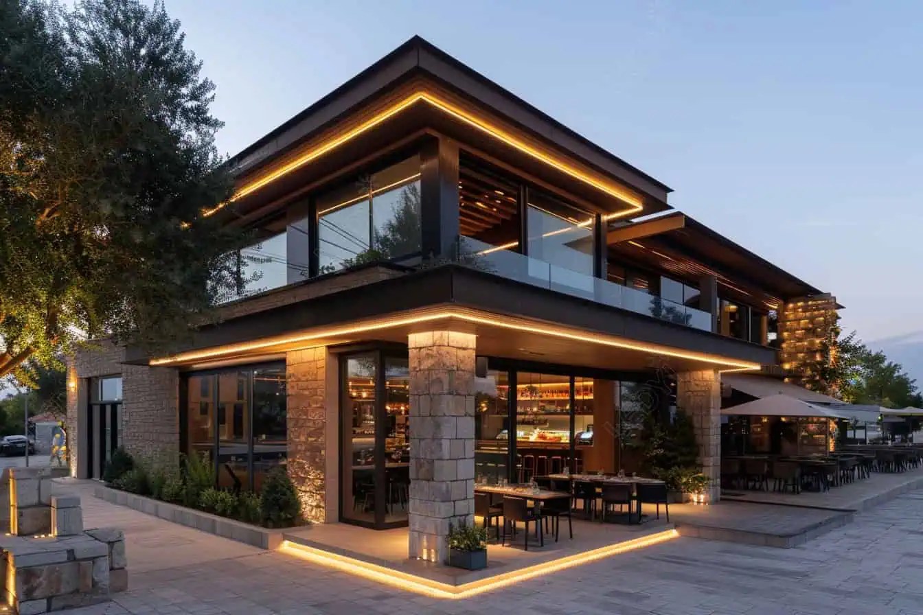 Modern restaurant exterior with warm lighting at dusk.