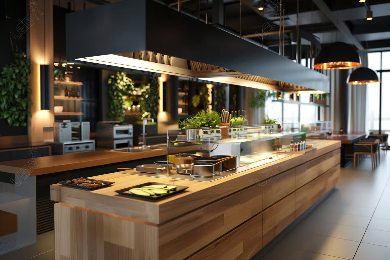 Modern restaurant kitchen with wooden island and lighting.