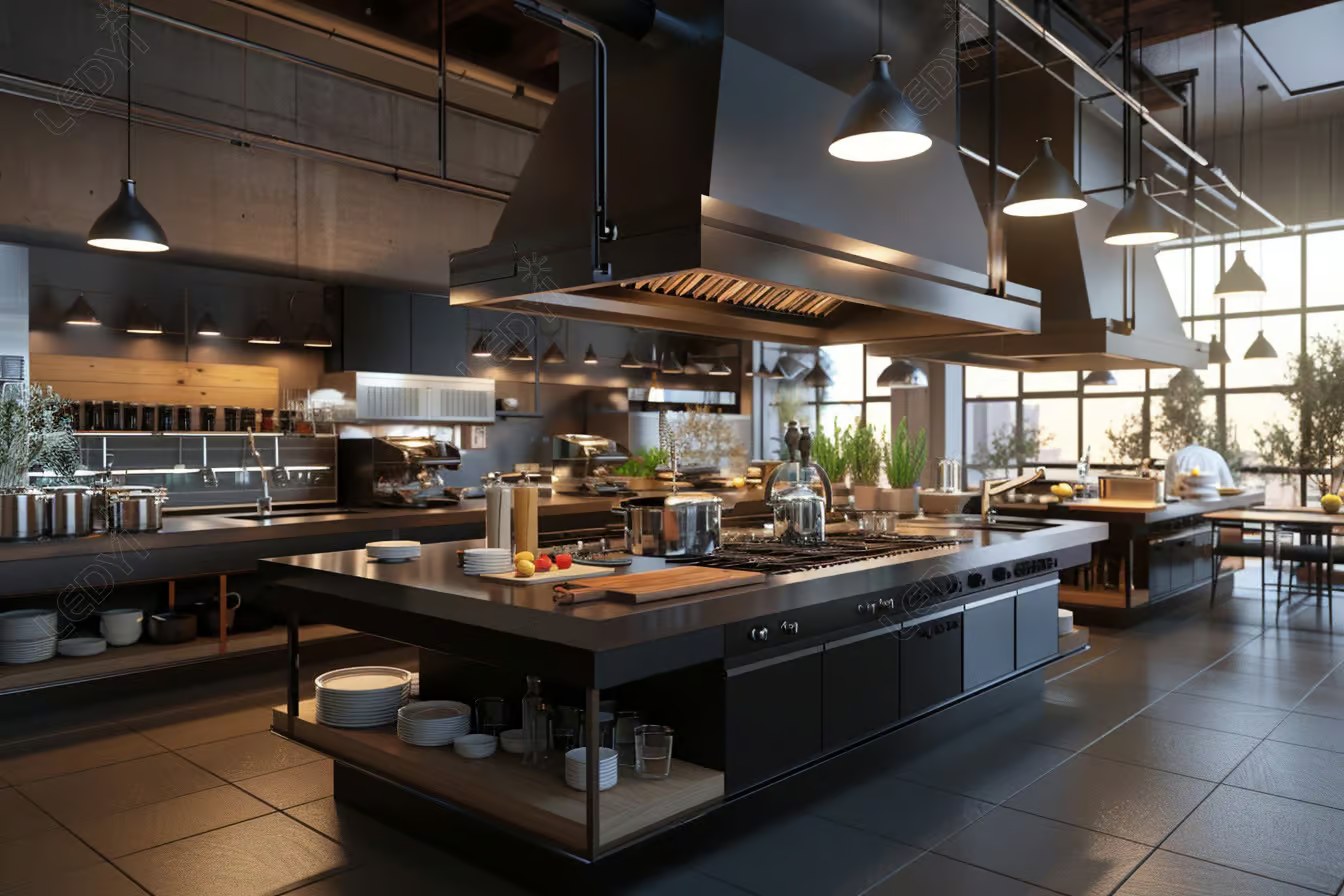 Modern commercial kitchen with stainless steel equipment and utensils.