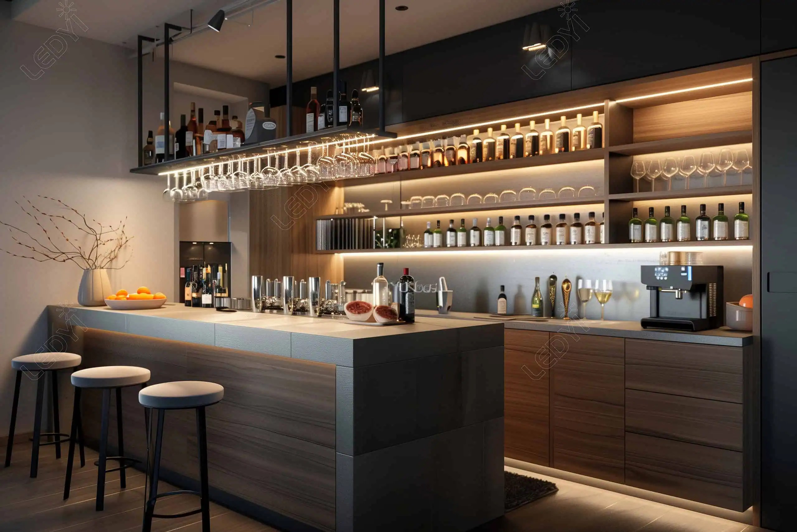 Modern home bar with stools and various drinks.