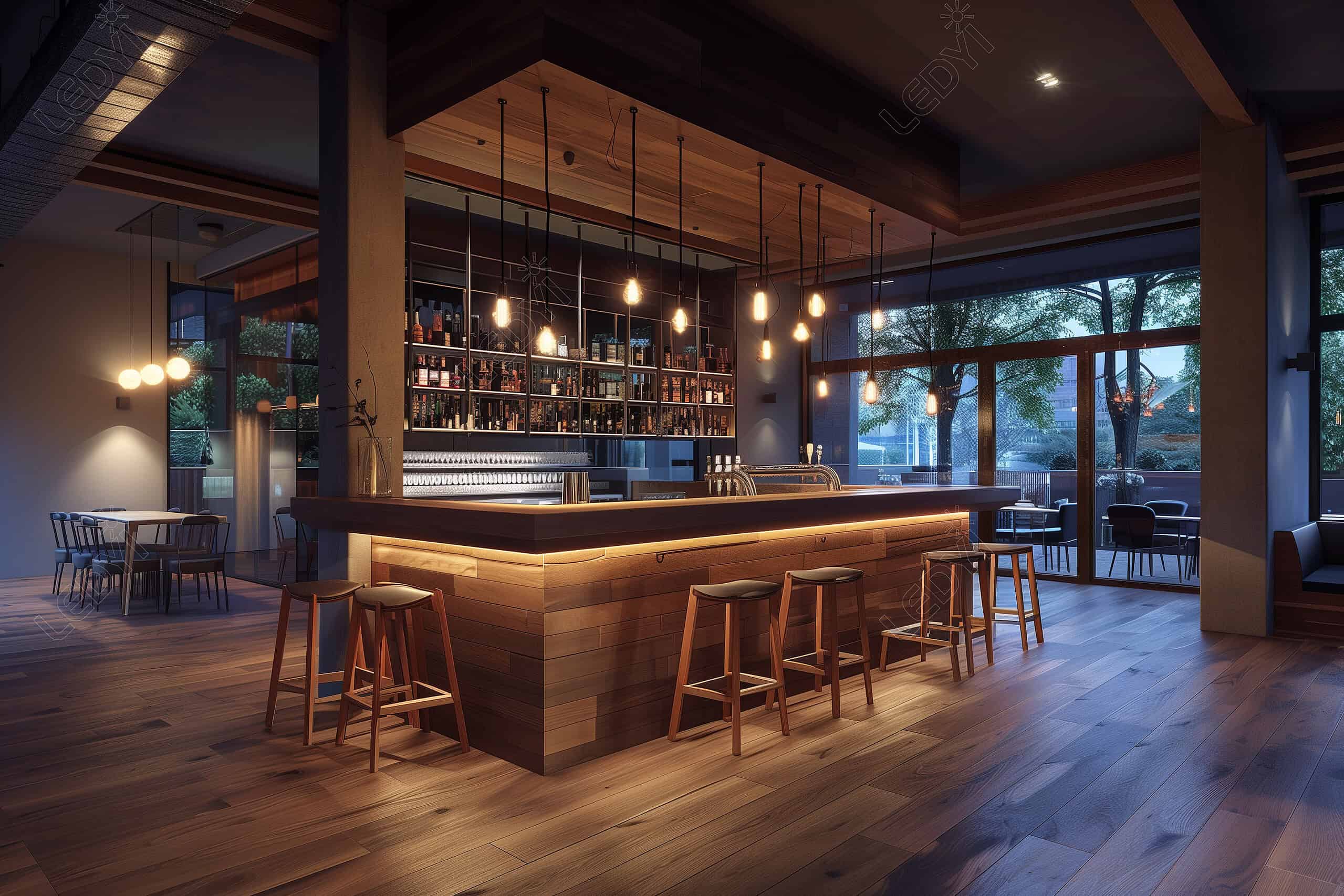 Modern bar with wooden decor and pendant lighting.