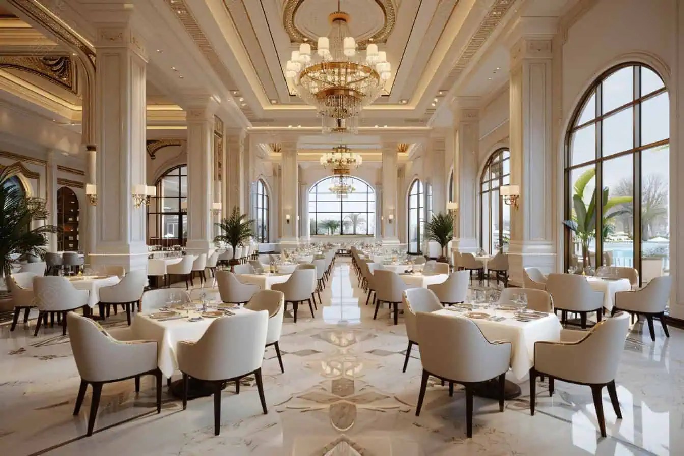 Elegant restaurant interior with chandeliers and large windows.