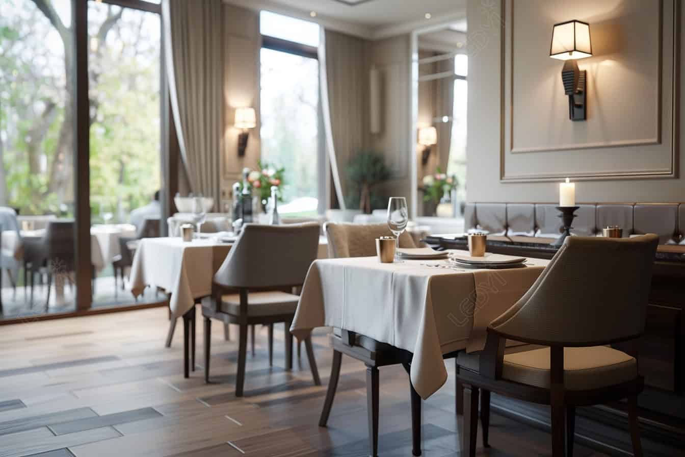 Elegant restaurant interior with white tablecloth settings.