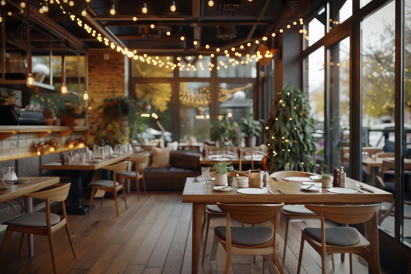 Cozy restaurant interior with string lights and wooden tables.