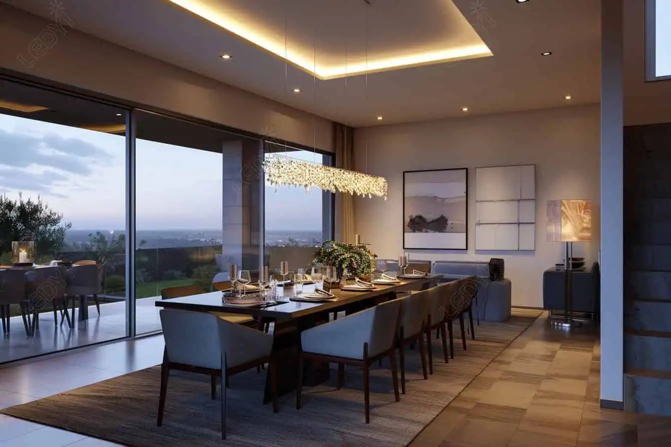 Modern dining room with large windows and stylish lighting.