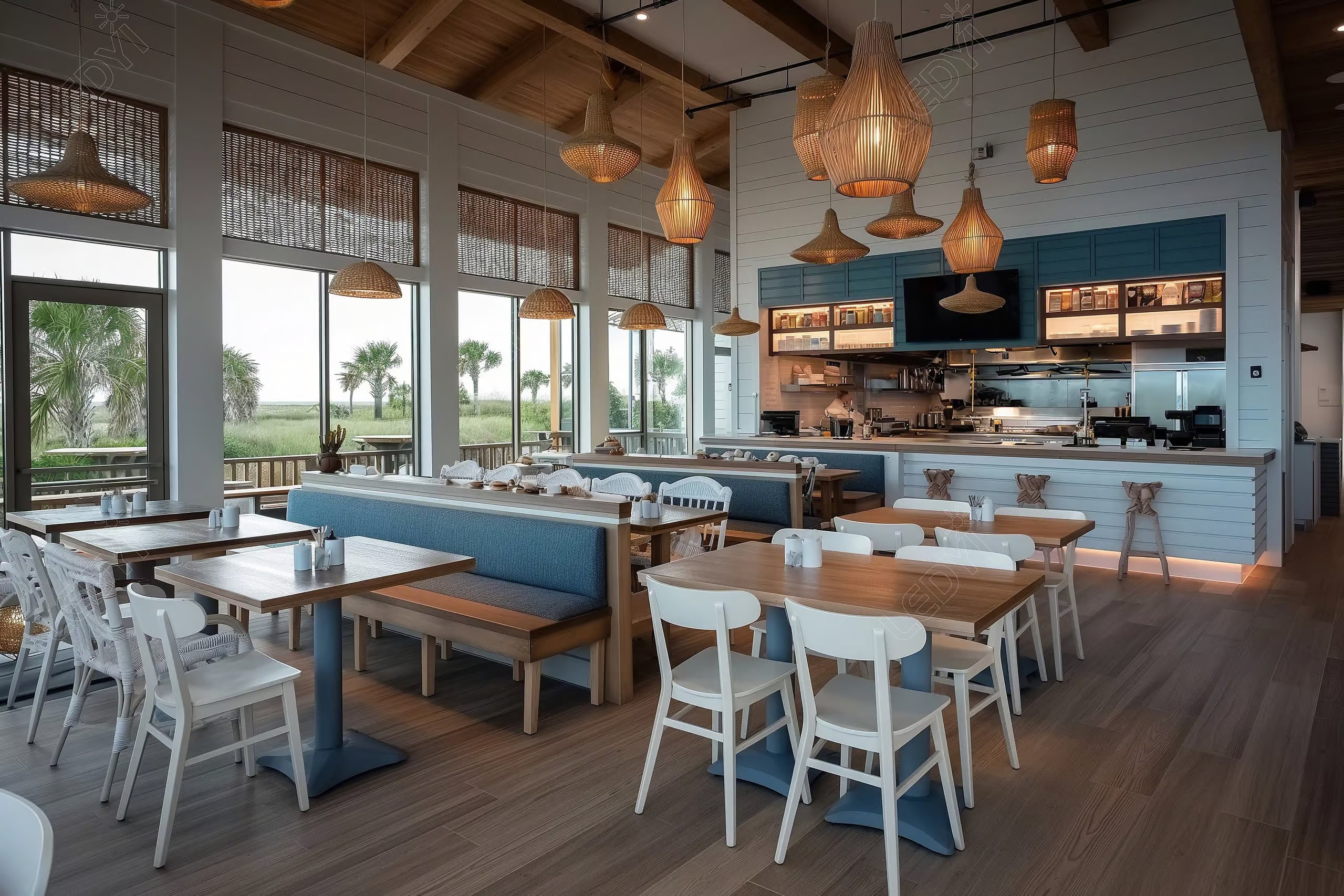 Coastal restaurant interior with large windows and wooden decor.