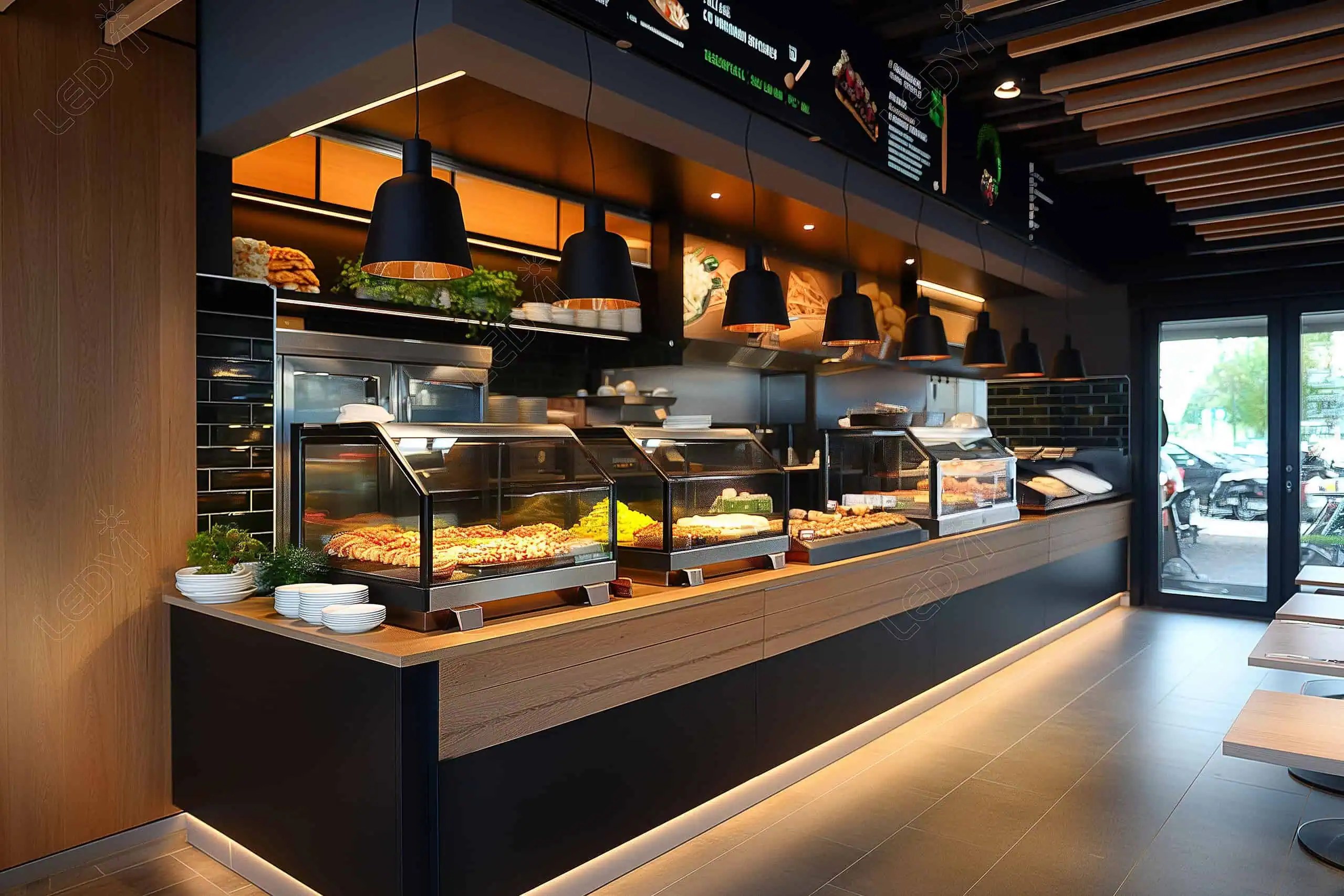 Modern café interior with displayed pastries and menu board.