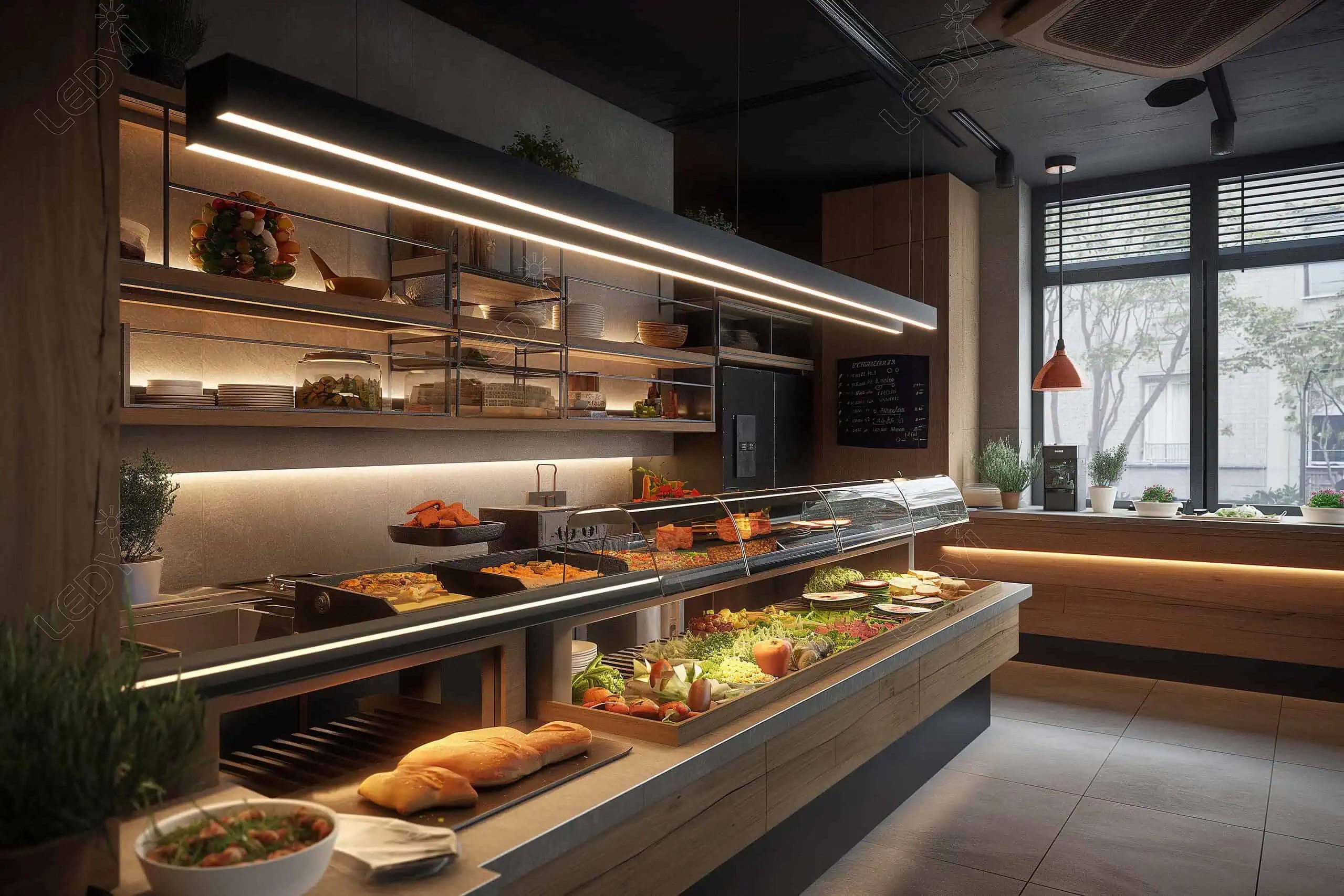 Modern buffet restaurant with diverse food options displayed.