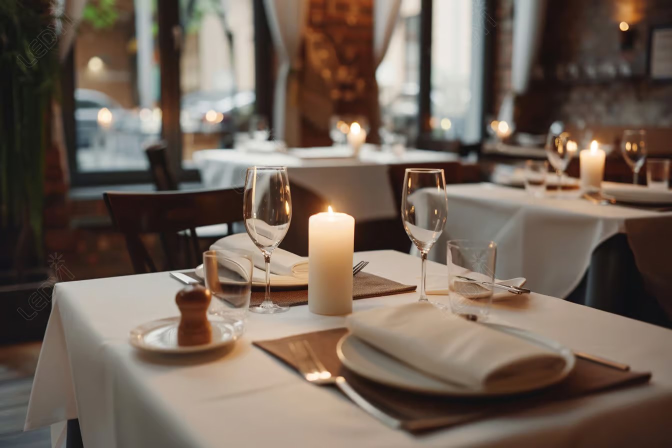 Candlelit dinner table setup in a cozy restaurant.