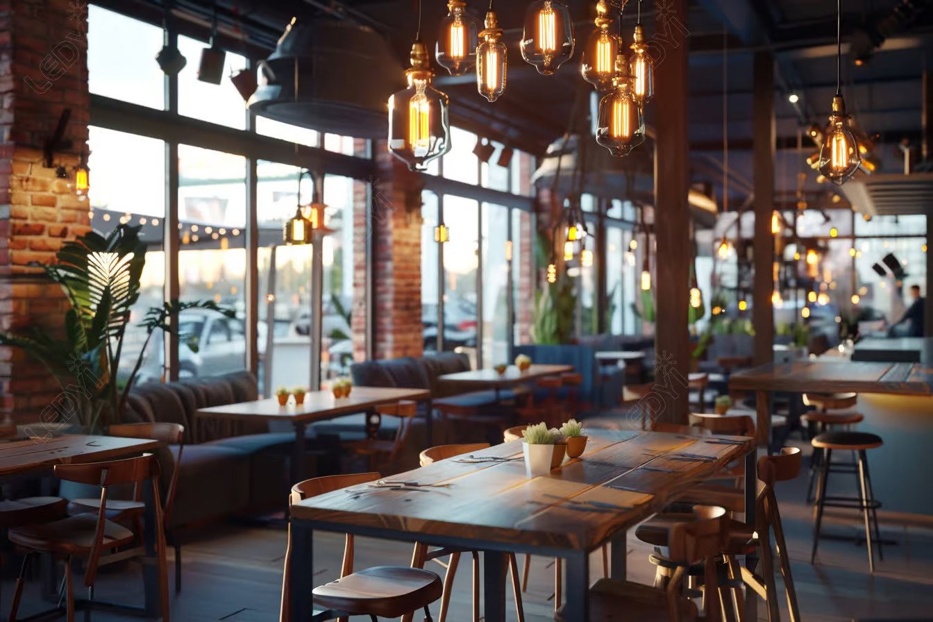 Cozy modern cafe with industrial interior design.