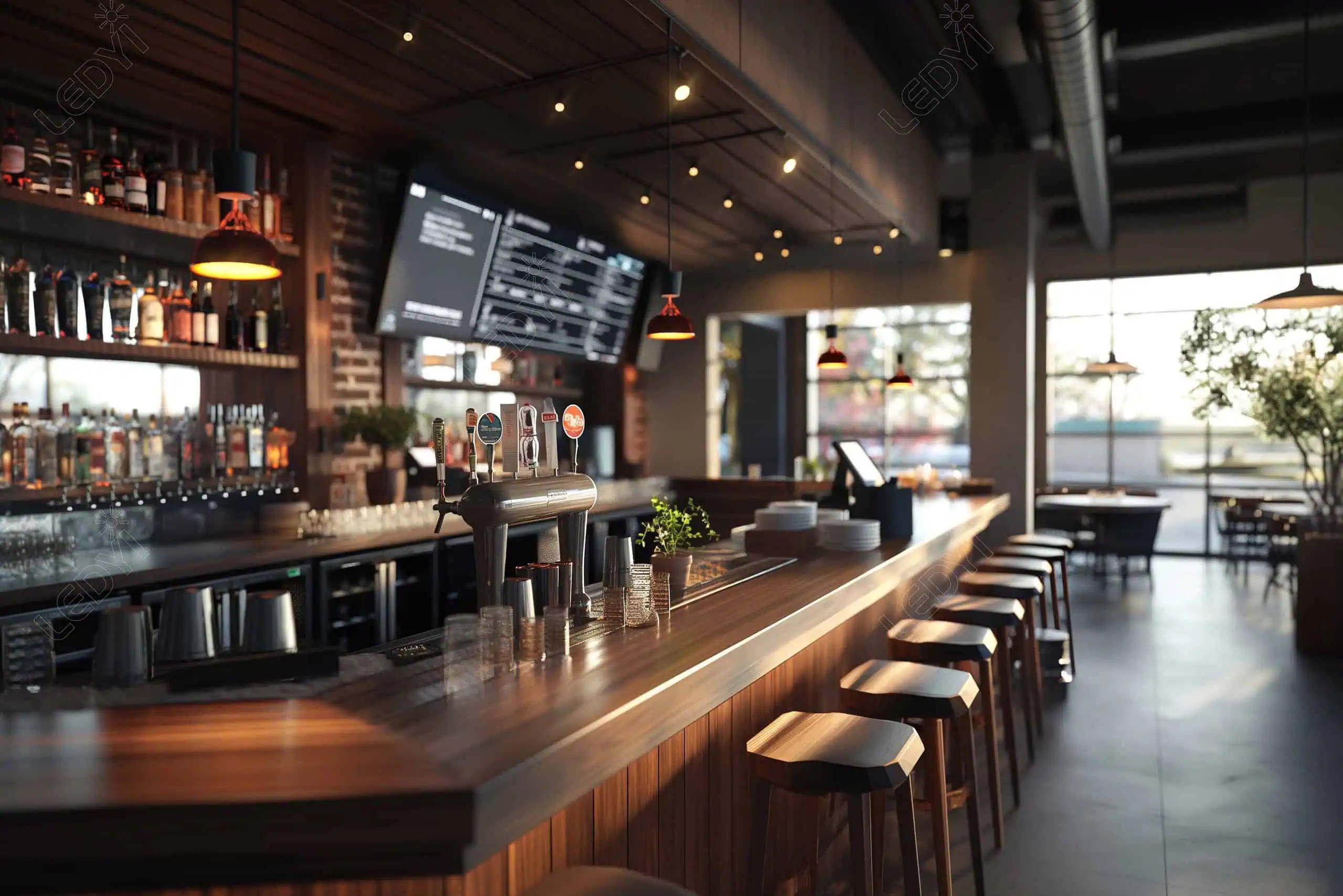 Modern bar interior with stools and beverage taps.