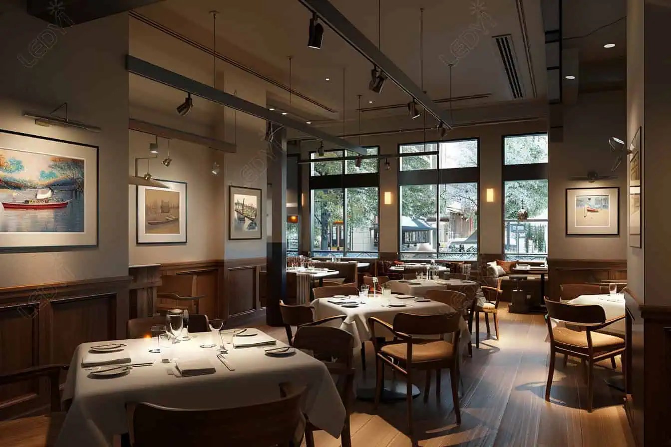 Elegant restaurant interior with tables and framed artwork.