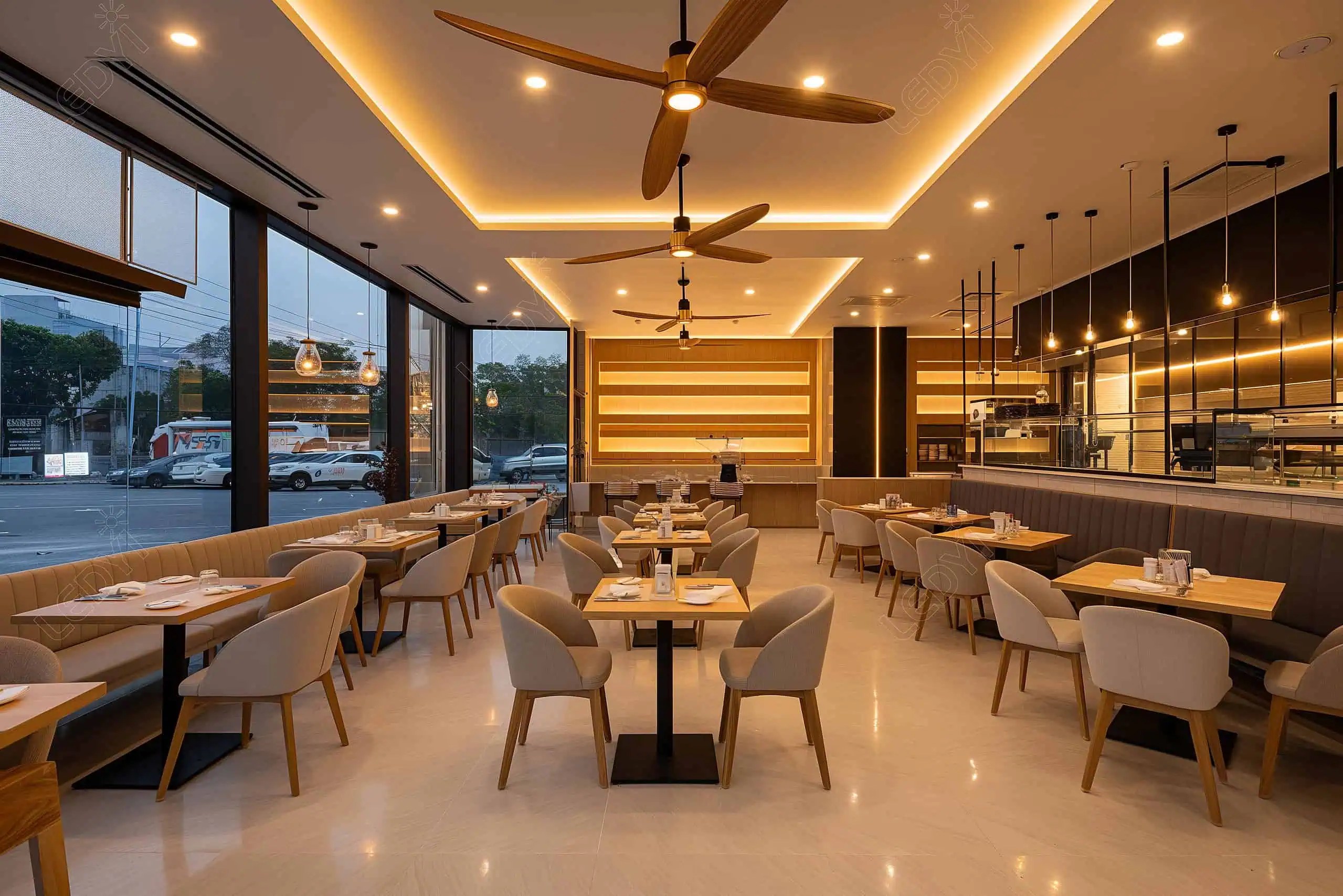 Modern empty restaurant with contemporary decor and large windows.
