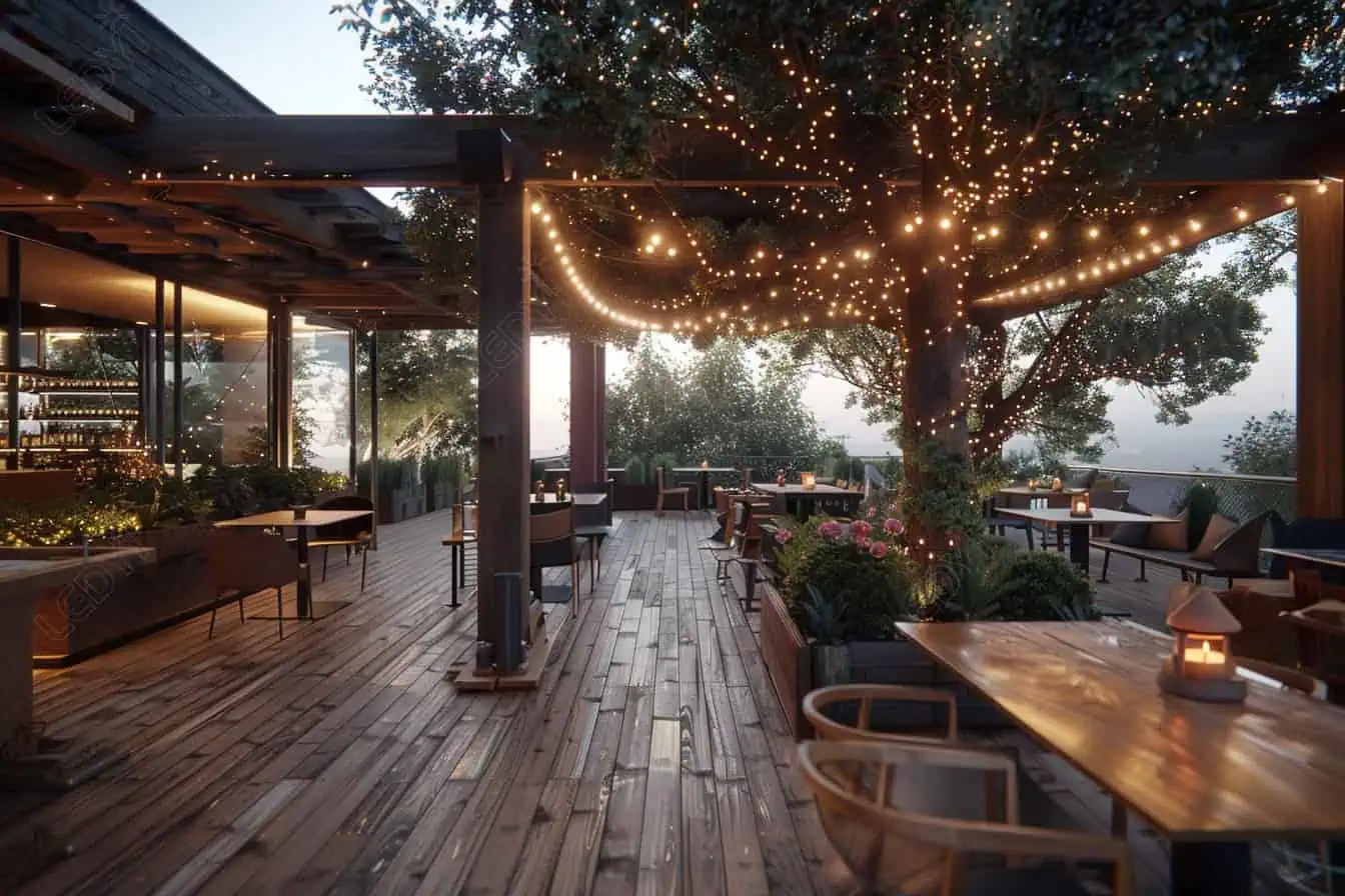Cozy outdoor patio with string lights and seating.