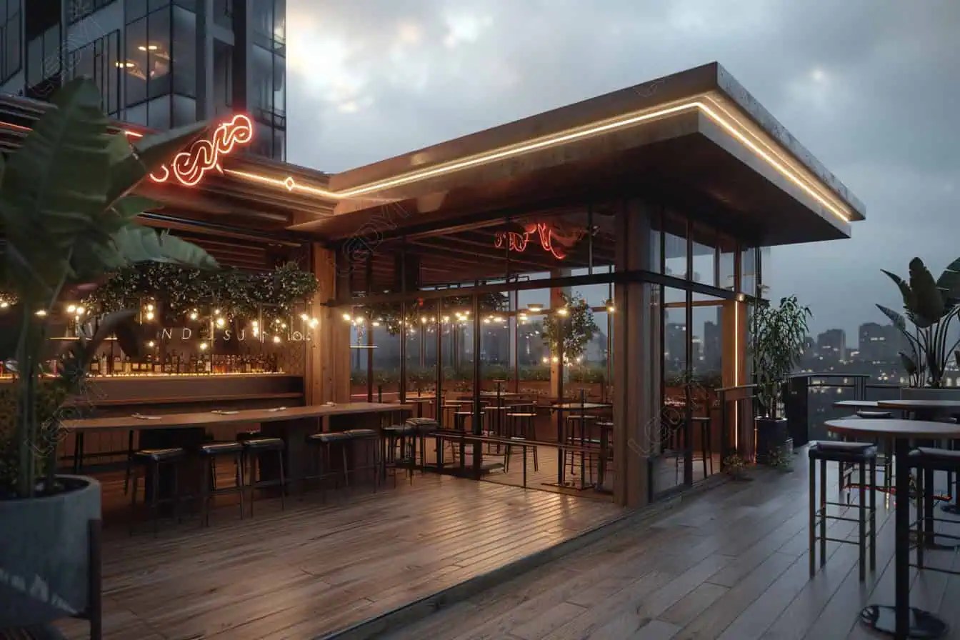 Rooftop bar with city view and modern design.