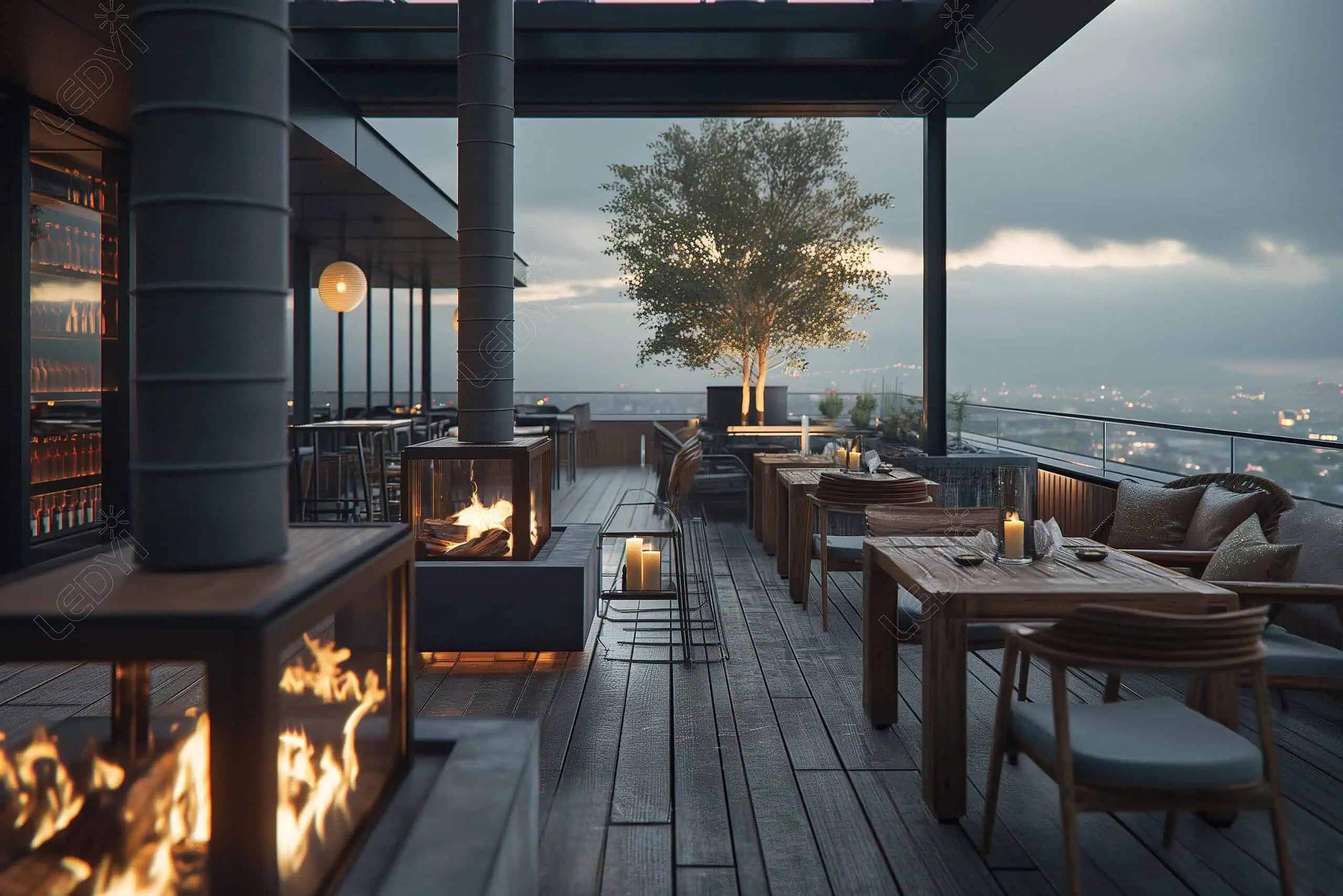 Rooftop restaurant with city view, cozy ambiance, and fireplaces.