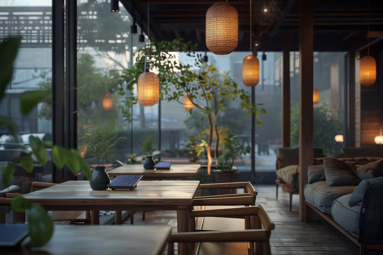 Cozy indoor cafe with hanging lights and greenery.