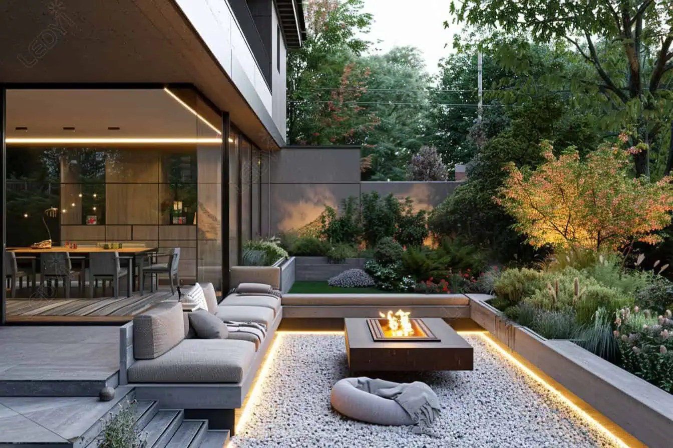Modern patio with fire pit and outdoor seating.