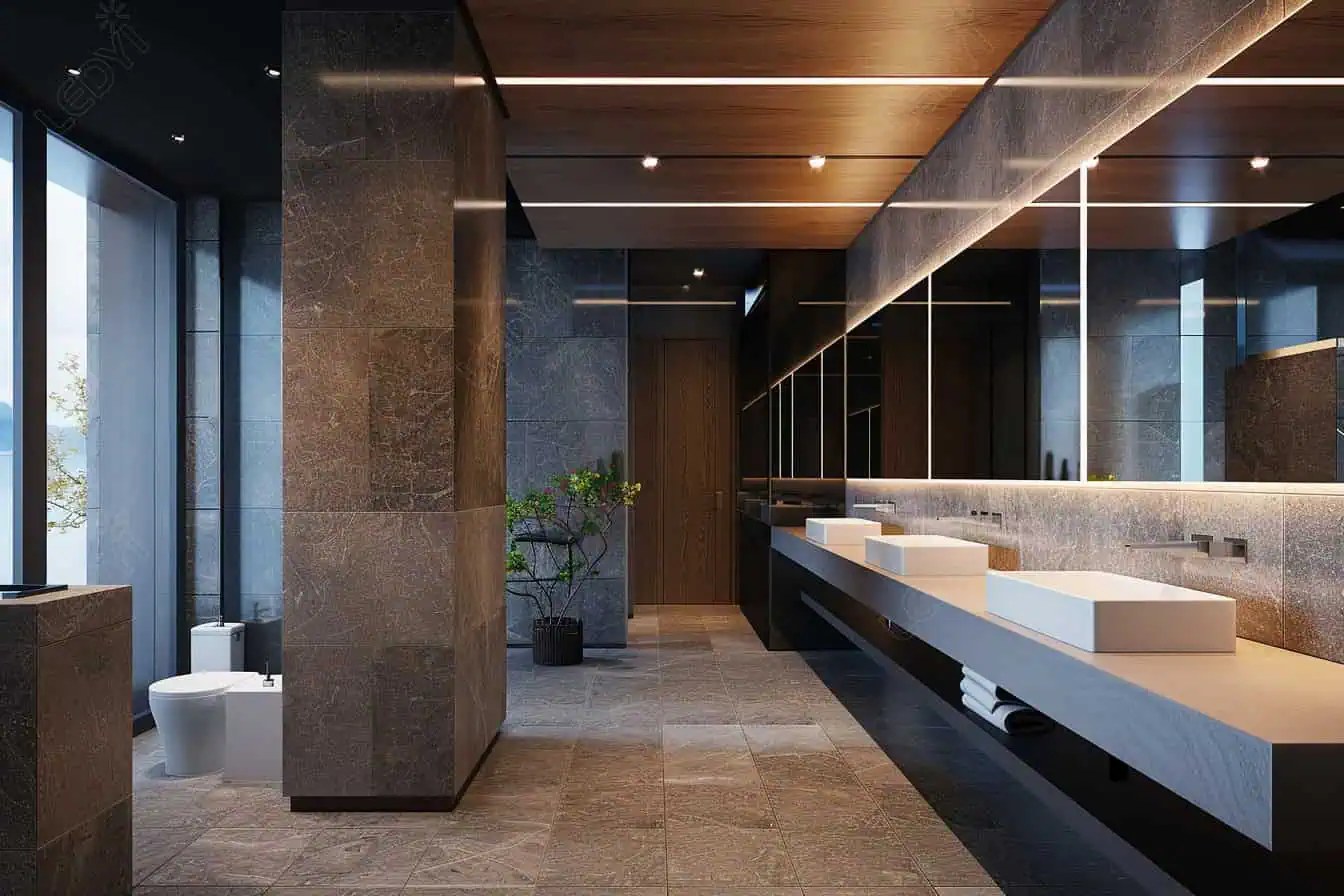 Sleek, modern bathroom with large mirrors and natural light.
