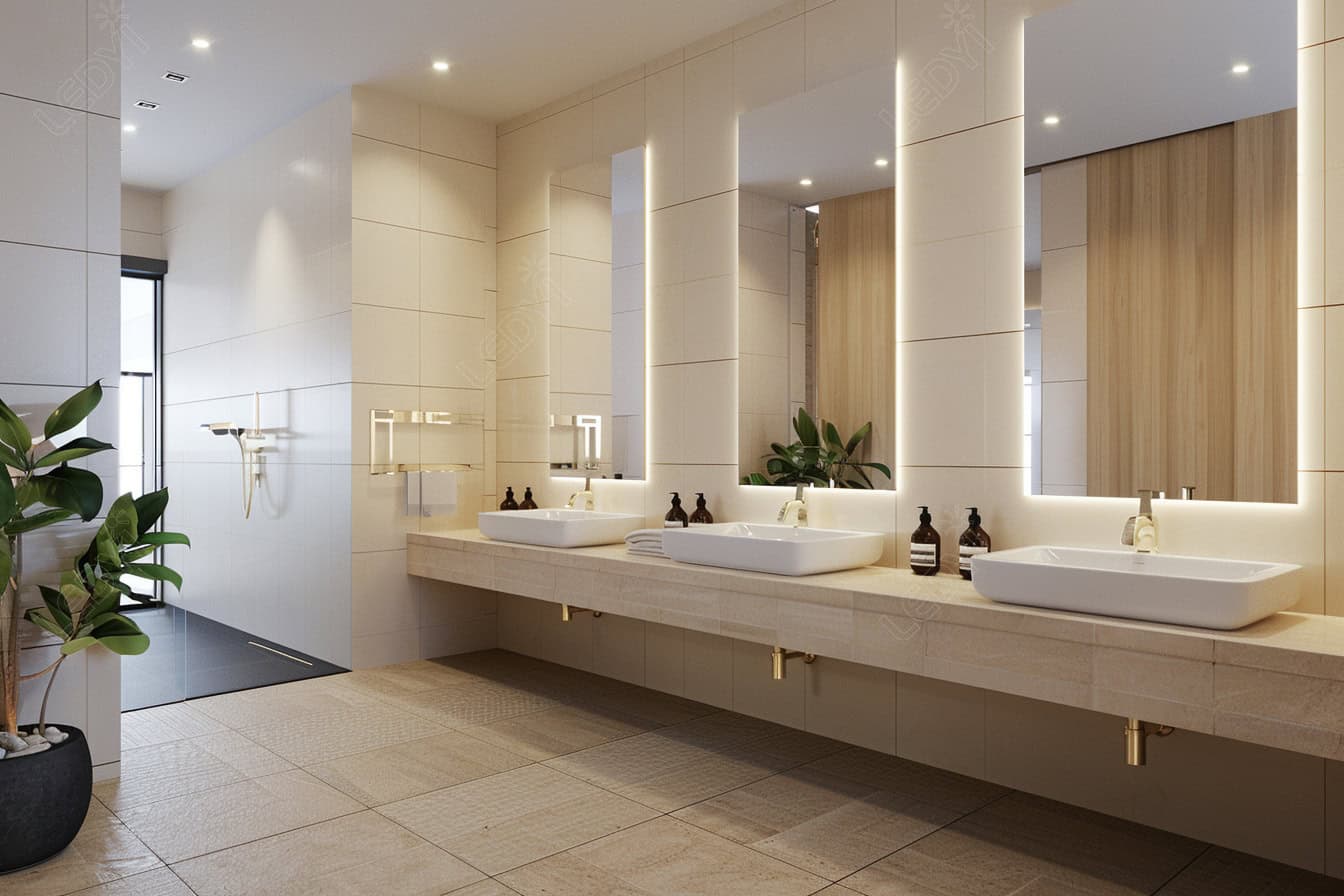 Modern bathroom with double sinks and large mirrors.