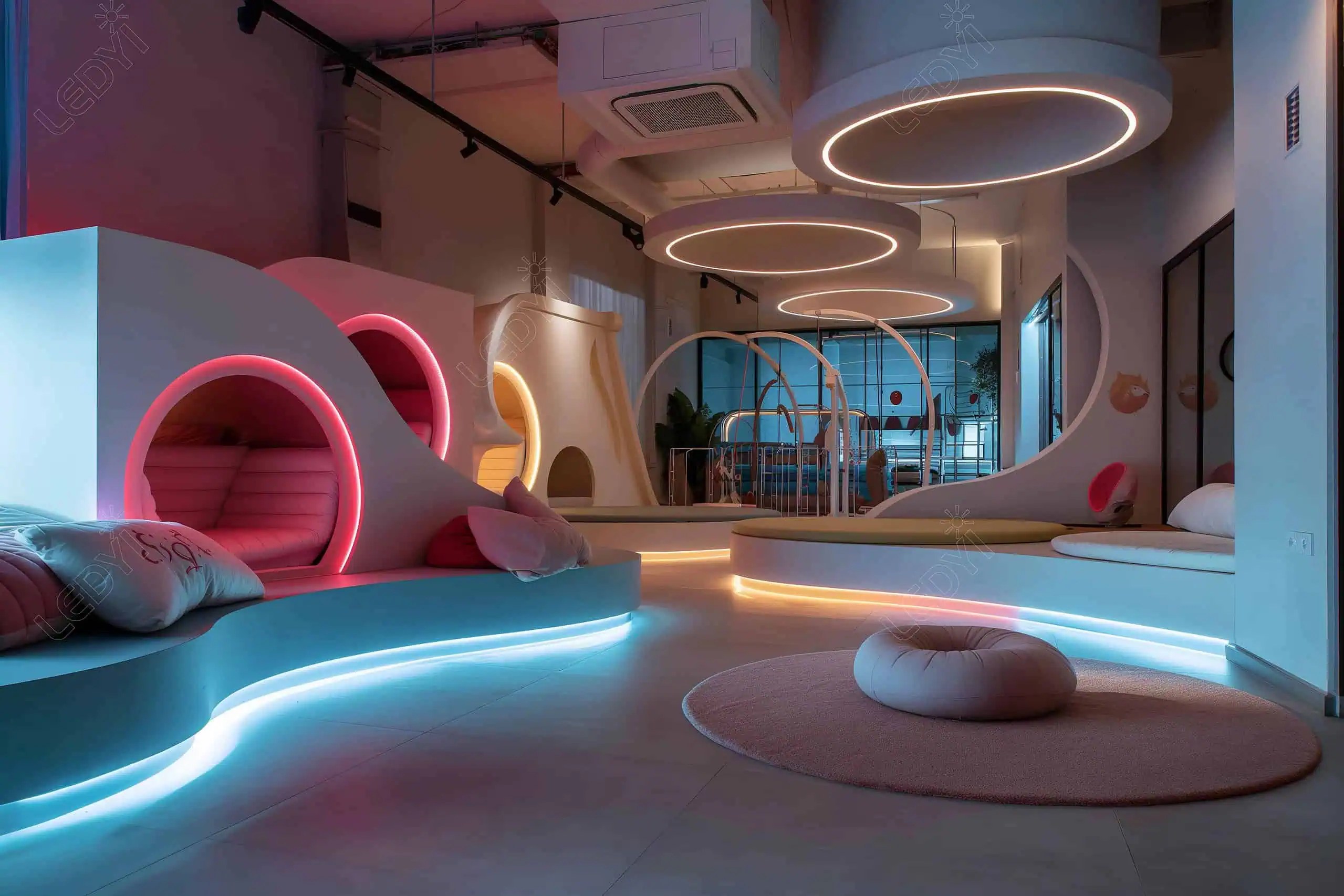 Modern lounge with colorful LED lighting and circular seating.